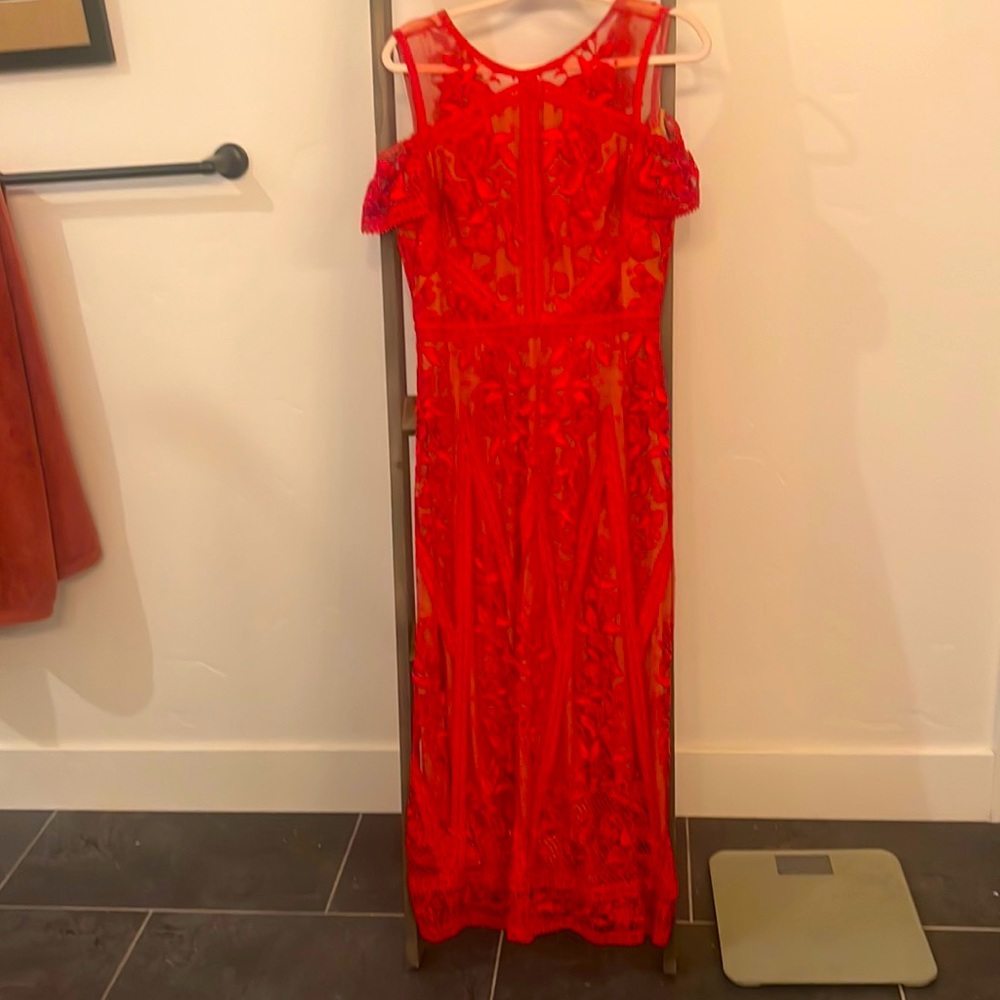 Beautiful red off the shoulder marchesa motte dress.
